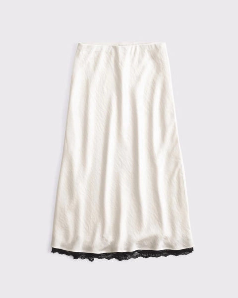 High Rise Satin Lace-Hem Midi Skirt