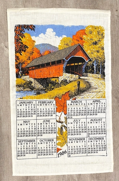 1986 Covered Bridge Hanging Tea Towel Calendar Fall