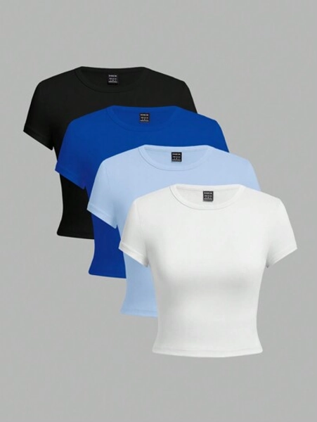 SHEIN EZwear 4pcs/Set Casual Round Neck Short Sleeve Fitted Women T-Shirts, Summer Suitable For Going Out
