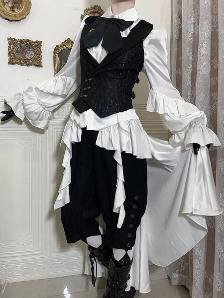 Ouji Lolita White Gothic Detachable Cape Tail Shirt with Cascading Ruffle Accents