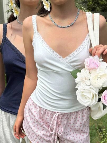 SHEIN EZwear 2 Pcs 100% Cotton White & Blue Lace Trim Women's Casual  Camisole,European Summer