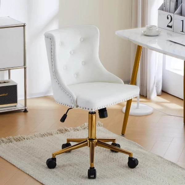 VINGLI Armless Home Office Desk Chair with Gold Base/Wheels,Cute Vanity Chair for Bedroom, Adjustable Rolling Swivel Nail Chair,Velvet White