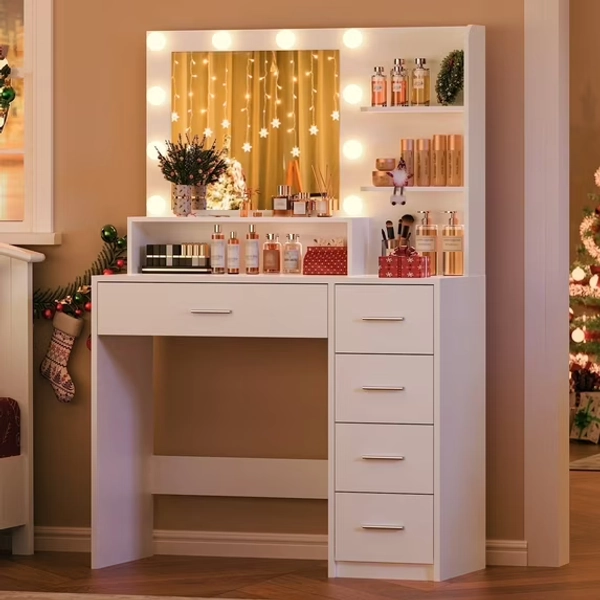 Makeup Vanity Set with Mirror & Lights, Vanity Desk with 5 Drawers & Storage Shelves, Makeup Vanity , 3 Color Modes & Adjustable Brightness Dressing Table, Bedroom, White