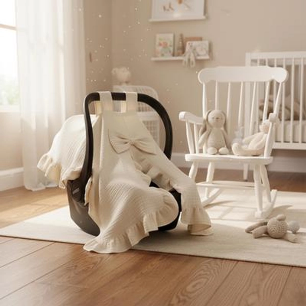  Muslin Car Seat Canopy Cover with Name for Baby Girl 4-Layer Cotton, Ruffle Trim, Stroller Blanket Gifts
