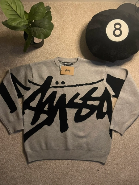 Stüssy grey and black knitted jumper sweater pull over stussy large