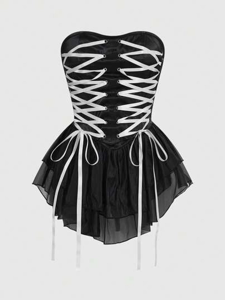 Sweetness Spring/Summer Women's Corset Lace-Up Design Ruffled Hem Fashionable Mini Dress - Size L