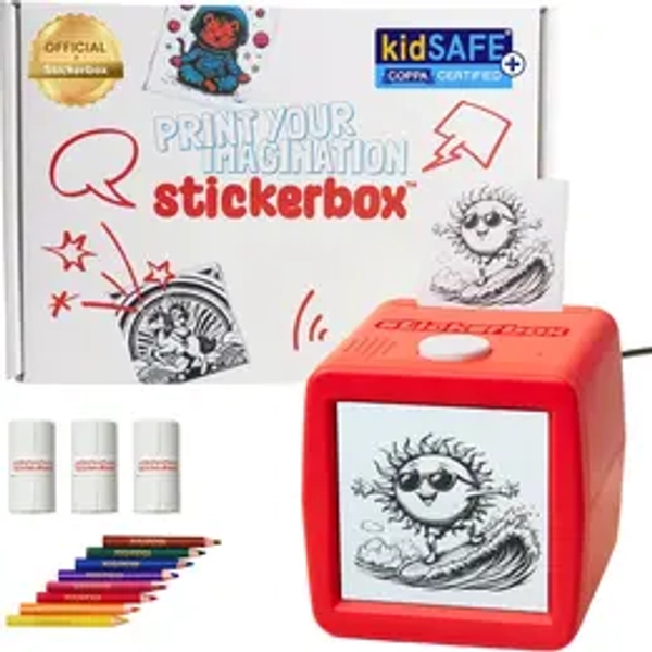 Stickerbox AI-Powered Voice-Activated Mini Thermal Device for Kids 5 , Mess-Free DIY Scrapbooking Tool (how to make a sticker, funny stickers) with 3 Paper Rolls (~200 Pieces), 8 Colored Pencils, Power Adapter, 0.67lb, 3.75"x3.75"x3.75", Portable Gift