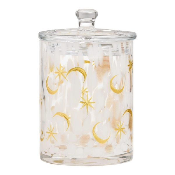 White Confetti Glass Etched Celestial Canister with Lid
