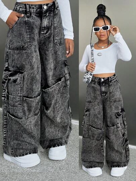 SHEIN Tween Girl's Y2K Loose Casual Denim Jeans With Pockets, Pleats, And Wide-Legged Design,Girls Casual Button,Pocket,Zipper Drop Waist Wide Leg Long Blue Loose Girls Jeans,Fall/Winter,Casual Daily Wear