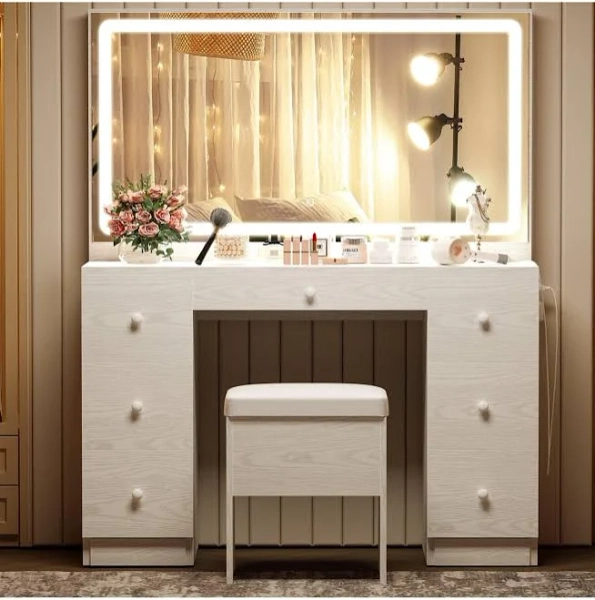 Ironck Vanity Desk Set with LED Lighted Mirror and Power Outlet