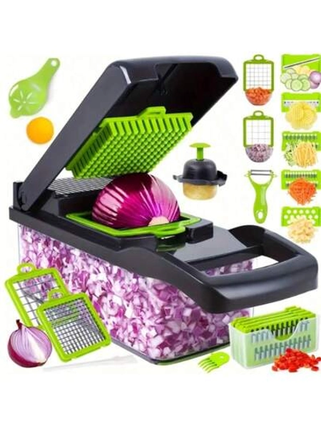 HOMEFINESSE 16-In-1 Multifunctional Vegetable Chopper With 8 Blades Portable Stainless Steel Cutter For Salad Garlic & More Kitchen Gadgets Cooking Kitchenware Cutting Green Utensils Watermelon Cutting Tool Chicken Shredder Slicer Kitchen Accessories