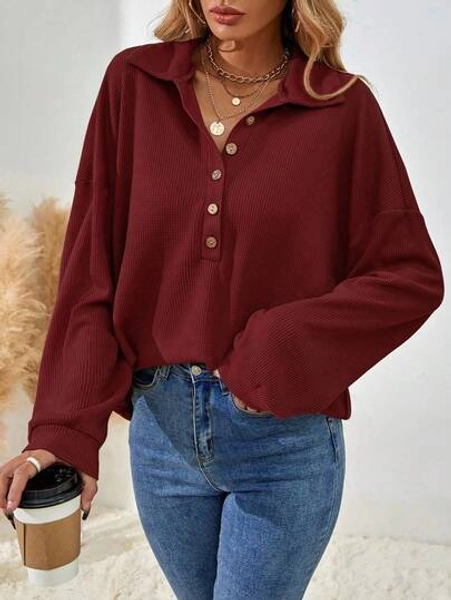 EMERY ROSE Women's Solid Color Drop Shoulder Long Sleeve Button Half Placket Loose Casual T-Shirt