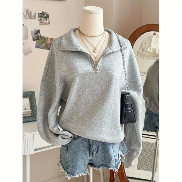 Women'S Half-Zip Sweatshirt - Light Grey - Collar Pullover for, Casual & Everyday Outfits - Fall/Winter Layering Essential - Non-Bulky Athletic Top - Easy-Care Women'S Clothing, Winter Wardrobe, y Design, Comfortable Fit, Zipup Jacket, Women
