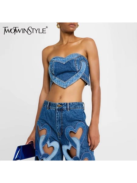 TWOTWINSTYLE Hit Color Set For Women Strapless Sleeveless Love Patchwork Sexy Vest Wide Leg Hollow Out Jeans Fashion Set Female - AliExpress 200000345