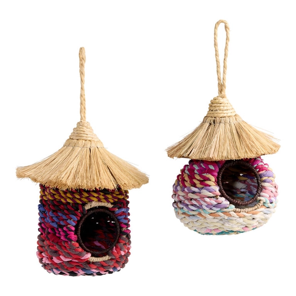 Large Multicolor Chindi Birdhouse with Straw Roof