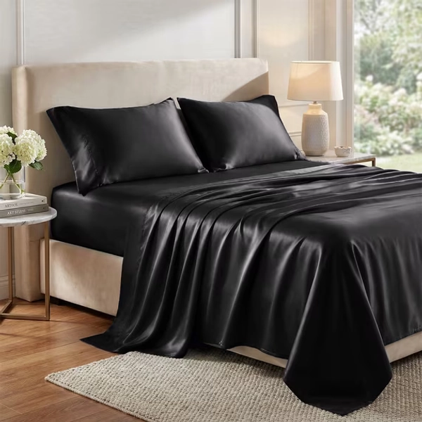 Lipa Satin Sheets Full Sheet Set, Silky Luxury Bed Sheets With Deep Pocket,4 Pieces,Black