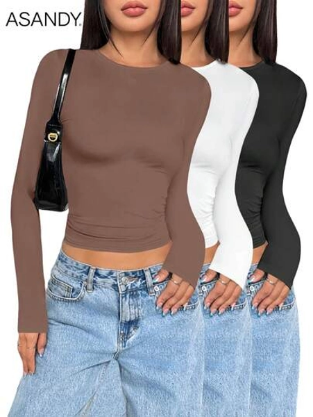3pcs/Set Women Solid Color Crew Neck Long Sleeve T-Shirts, Slim Fit Casual Pullover Tops, Spring/Autumn