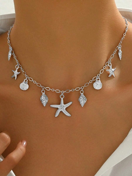 1 pieza Collar colgante de moda para mujer, estilo bohemio vintage de playa con colgantes de estrella de mar, concha, caracola, tortuga multipartes, cadena de clavícula, regalo de fiesta y vacaciones, accesorio versátil