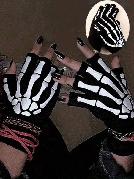 1 Pair Halloween Party Nylon Quilted Fluorescent Half Finger Gloves, Glow-In-The-Dark Design, Suitable For All Seasons