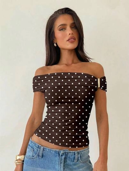 Aloruh Asymmetric Shoulder Metal Decor Brown Polka Dot Print Knit T-Shirt Top, Brown Top, Vintage Elegant Casual Sexy Top, Spring T-Shirt, Versatile Elegant Brown Undershirt, Women's Sexy Top, Off Shoulder Top, Dark Brown Top, Polka Dot Top