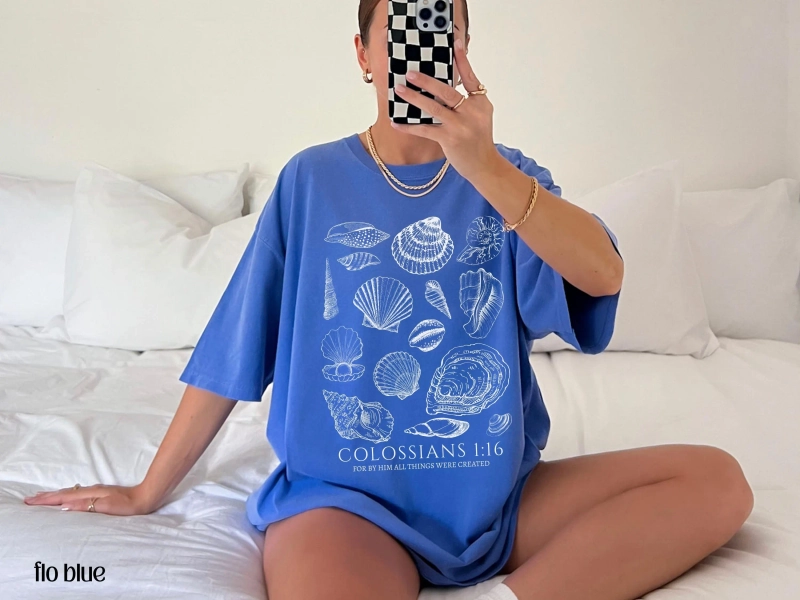 Seashell Bible Verse Shirt, Ocean Life Coastal Aesthetic, Women Faith Apparel, Comfort Colors Oversized Beach Tee, Baptism Teen Girl Gift