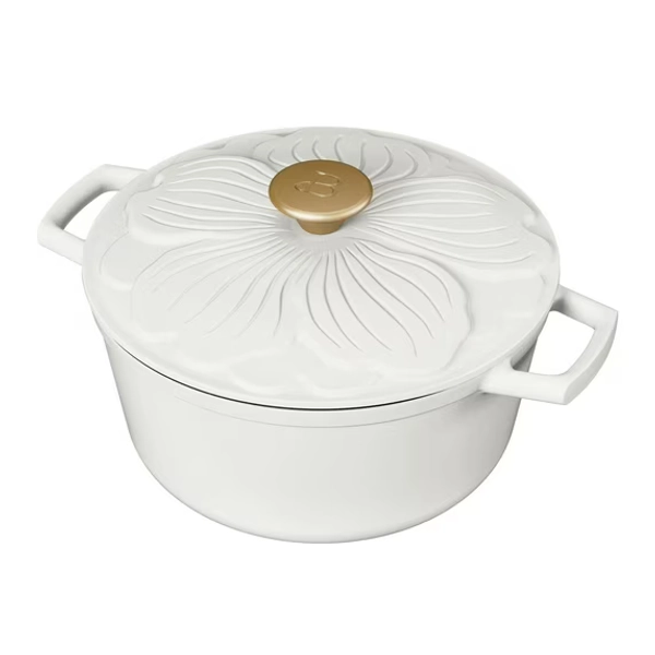Beautiful 4 Quart Enameled Cast Iron Round Dutch Oven with Petal Design Lid