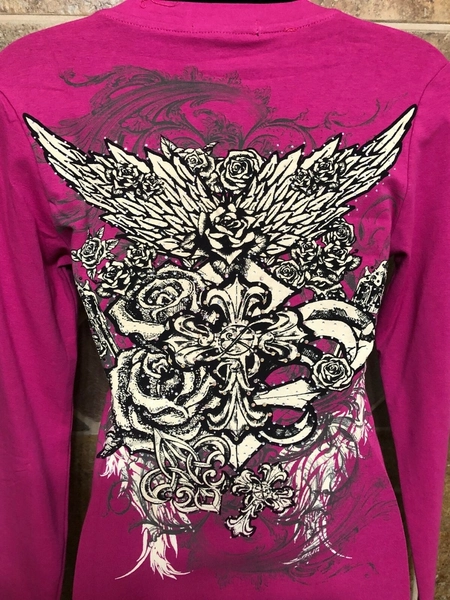 NEW Pink/Fuscia Rose/Wing/Gun/Rhinestone Biker Bling Long Sleeve Top Sz S | eBay