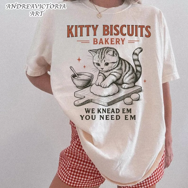 Kitty Biscuits Bakery Shirt, Cute Cat Kneading Dough Tee, Funny Baking Shirt, Cat Lover Gift, We Knead Em You Need Em Shirt