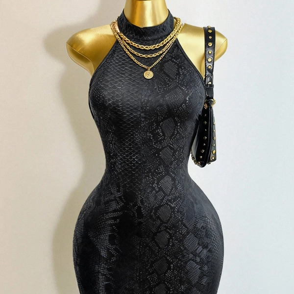 Women's Short Snakeprint Backless Dress - Halter Neck Sleeveless Short Length Bodycon Dress with Medium Stretch Fabric, Spring Summer Wedding Guest Dress, Sexy Elegant Outfit for Nightclub or Semi-Formal Events