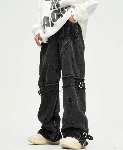 Grunge Streetwear Destroyed Buckled Baggy Jeans