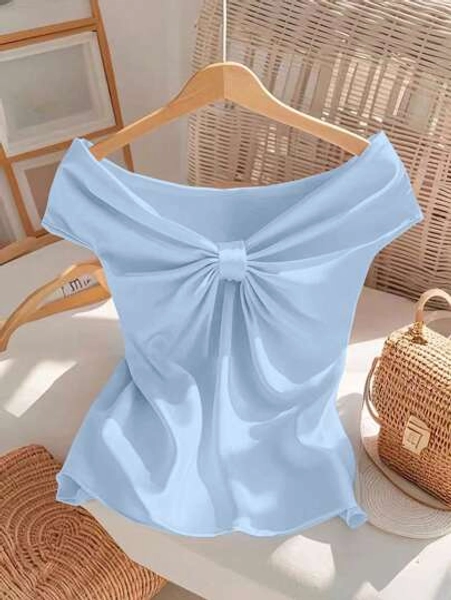 GlowEve Women's Elegant Elegant Simple Solid Color Off Shoulder Knot T-Shirt, Summer