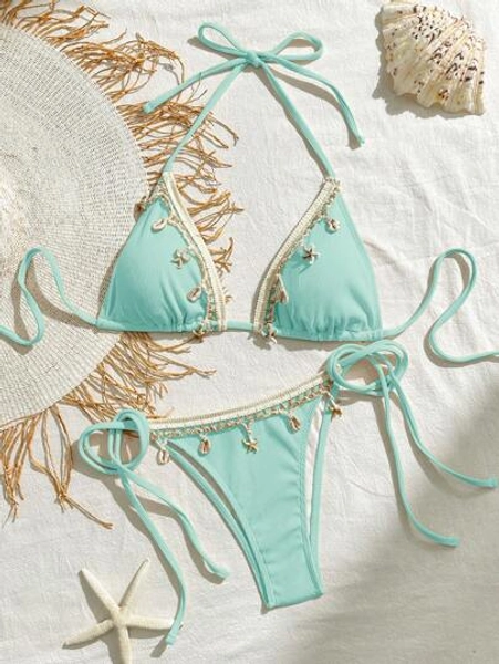 Bikinx Women Solid Color Stitching Ribbon Shell Decoration Triangle Cup Lace-Up Bikini Set For Beach Vocation