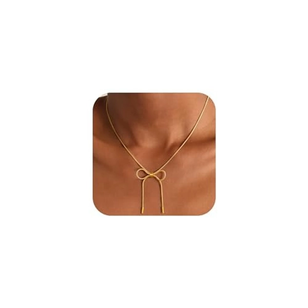 Fimhut Gold Bow Necklace for Women - 18K Gold Plated Dainty Gold Necklace Cute Small Tiny Bow Pendant Choker Chain Necklaces Trendy Necklaces for Women Gold Jewelry Gift