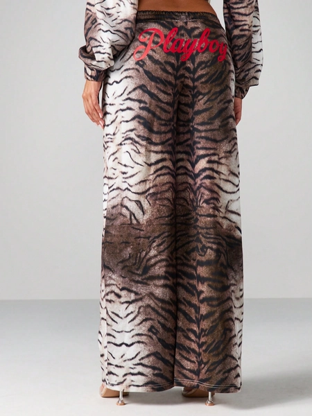 Missguided x Playboy Tiger Print Wide Leg Pants With Drawstring Waist