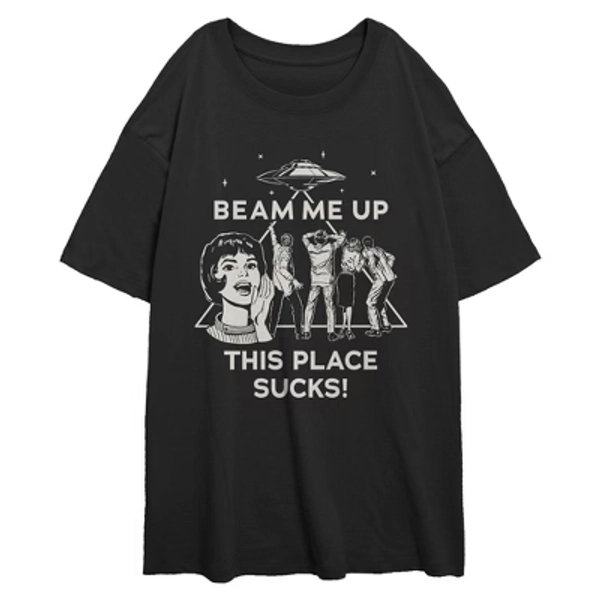 Juniors Womens Stranger Things Vintage People Beam Me Up Joke T Shirt - Black - Large