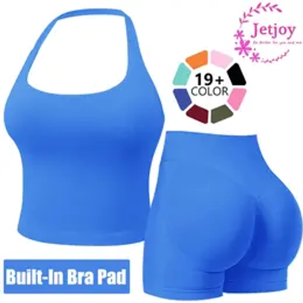 Jetjoy Workout Sets for Women 2 Piece, Workout Sets for Women 2 Piece Gym Outfits Seamless Longline Halter Backless Crop Top Scrunch Bum Shorts Tracksuit