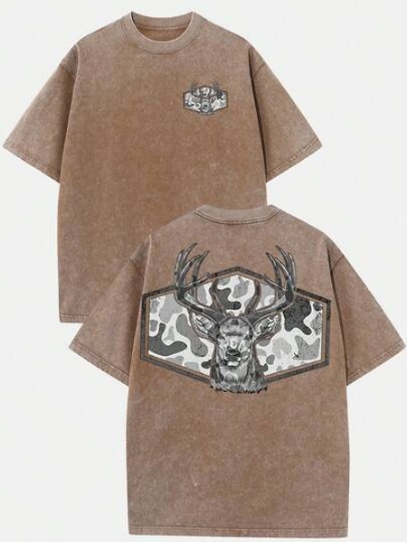 (230g T-Shirt)Vintage Washed Cotton Hunting T-Shirt, Camo Deer Head Graphic, Loose Casual Crew Neck Short Sleeve Tee