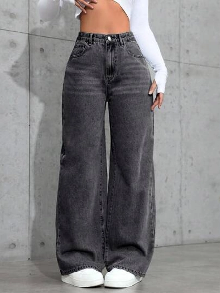 Casual Faded High Waist Wide Leg Jeans