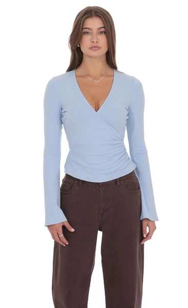 V-Neck Overlap Top in Light Blue | LUCY IN THE SKY