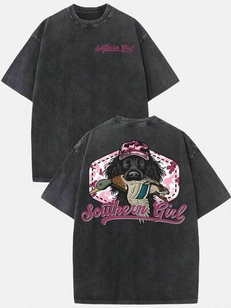 (230g T-Shirt)Women's Washed Cotton "Southern Girl" Pink Camo Dog & Duck Graphic Tee, Oversized Casual Crewneck Short Sleeve T-Shirt, Vintage Festive Style Top
