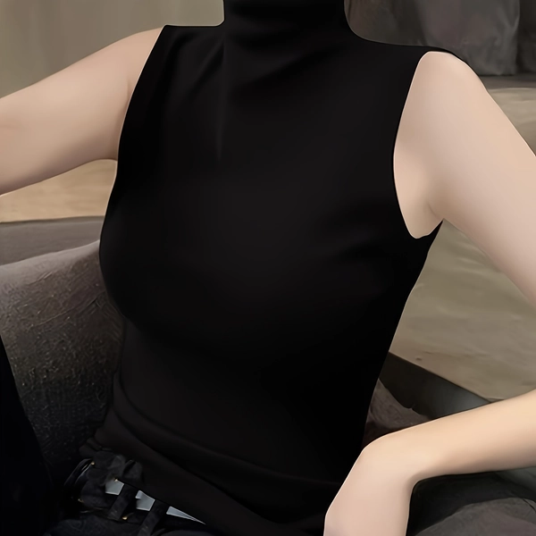 Women's Sexy High-Neck Sleeveless Tank Top - Stretchy Black Layering Shirt for Spring/Summer, Machine Washable Solid Color Tops for Casual & Formal Outfits, Ladies Tank Tops, Formal Attire, Sleek Design, Comfortable Wear