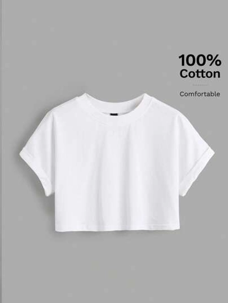 SHEIN BASICS Women Solid Batwing Sleeve Crop Tee For Summer