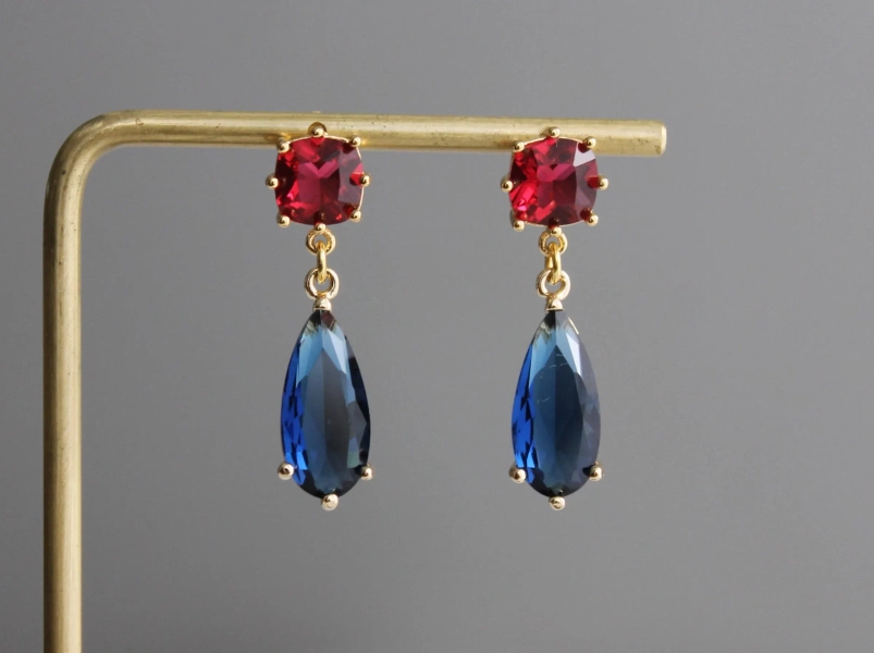 Red square and ink blue teardro push back earrings Occasion Party earrings