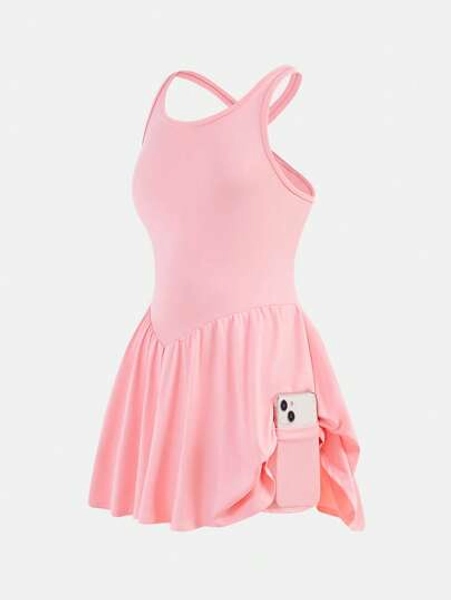 SHEIN Tween Girls Solid Color Criss-Cross Back Casual Sports Dress