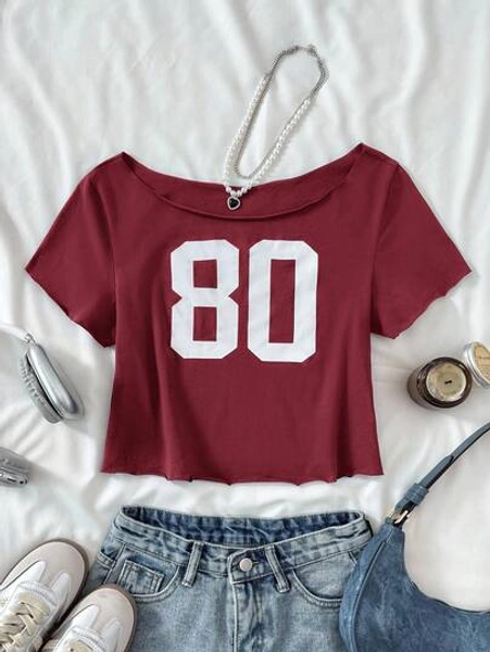 Teen Girl Casual Red Knitted Slogan Off-Shoulder Printed Short Short-Sleeved Fitted Top, Spring And Summer, Cool, Basic, Daily, Versatile, Sports Fashion Summer Tops, Back To School Season, School Uniforms~ Number Crop Top Teen Girl Crop Top 80s Crop Top