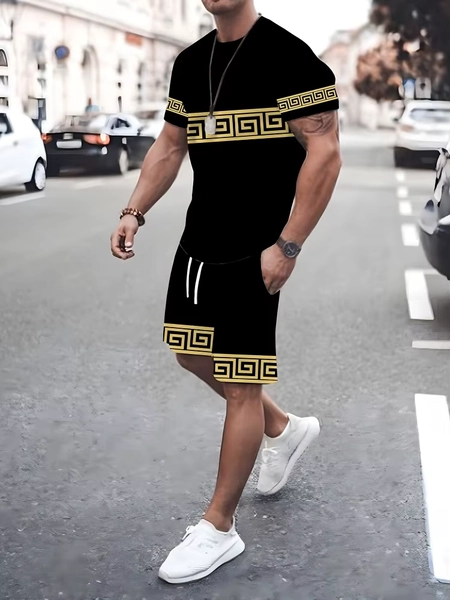 Summer Men's Stripe Print Short Sleeve Tee Elastic waist Shorts 2 Pieces Set Plus Size Loose O-Neck T-shirt Pockets Shorts Set - AliExpress 200000343