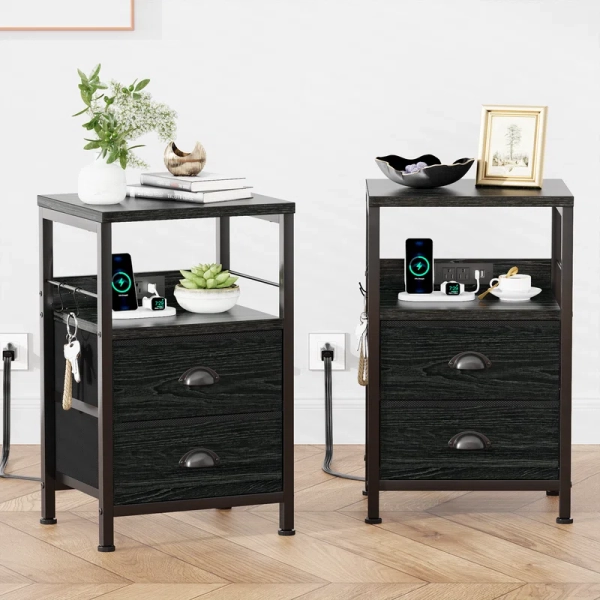 Nightstands with 2 Drawers & Outlets, Bedside Tables with 2 USB Ports & 2-Tier Open Shelf