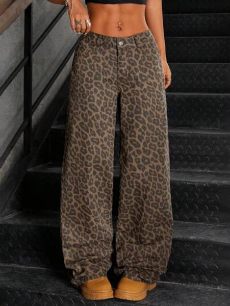 SHEIN Tall Fashionable Leopard Print Low-Waist Washed Wide-Leg Women's Jeans Pants