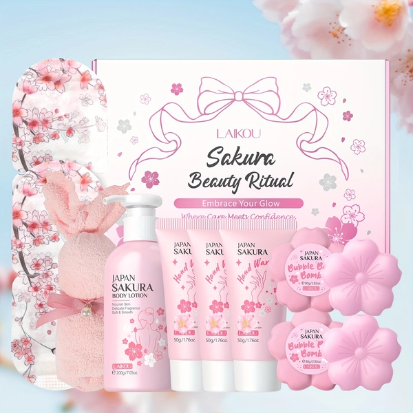 LAIKOU Sakura Facial Skin Gift 8pcs/Set &amp; Sakura Hand Wax 3pcs, Body Lotion, Handmade Soap, Bubble Bath Bomb, Steam Eye Mask, Pink Rabbit Towel, Hand Wax, For Mother'S Day Birthday Gift