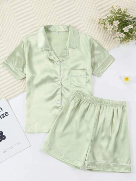Girls Pajamas, Satin Silky Pjs Set Kids 2Pcs Button-Down Nightwear Sleepwear Gift For Kids